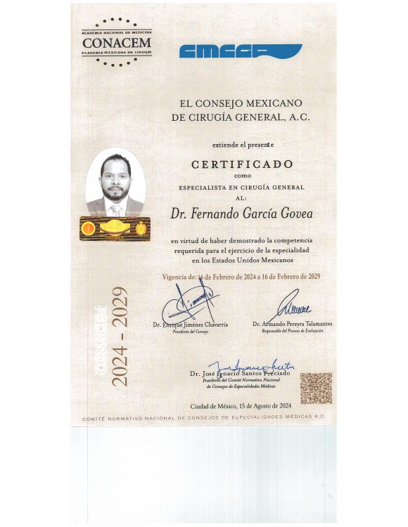 Certificado de especialista en Cirugía General a nombre del Dr. Fernando García Govea