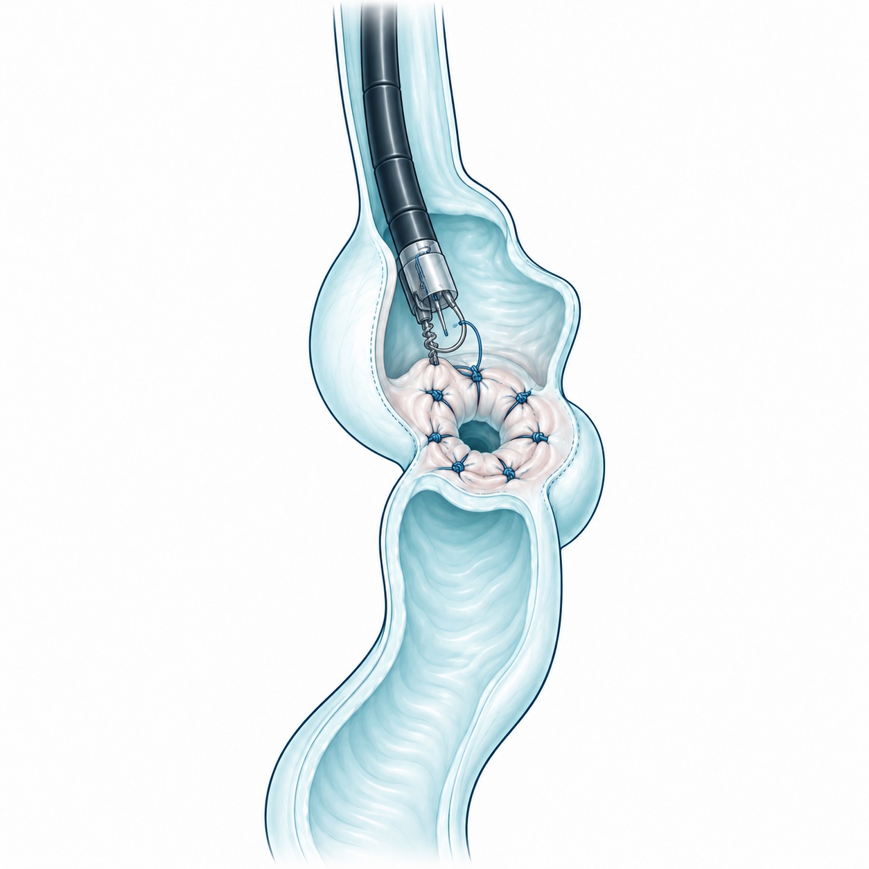 Esquema ilustrativo de TORe · Reducción endoscópica de la anastomosis